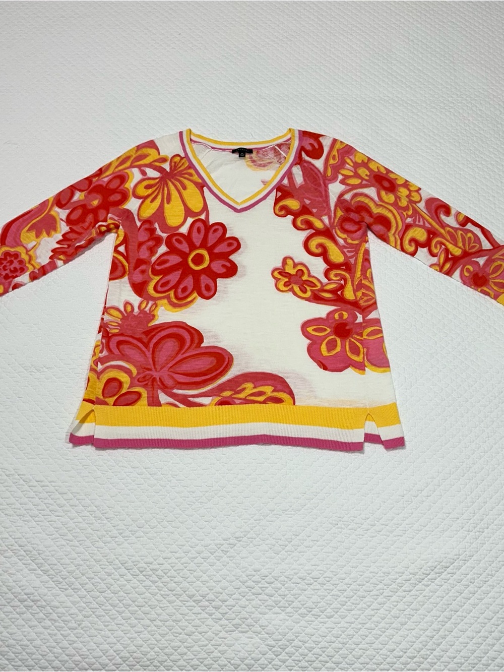 Talbots Floral V-Neck Sweater in Pink, Yellow & Cream